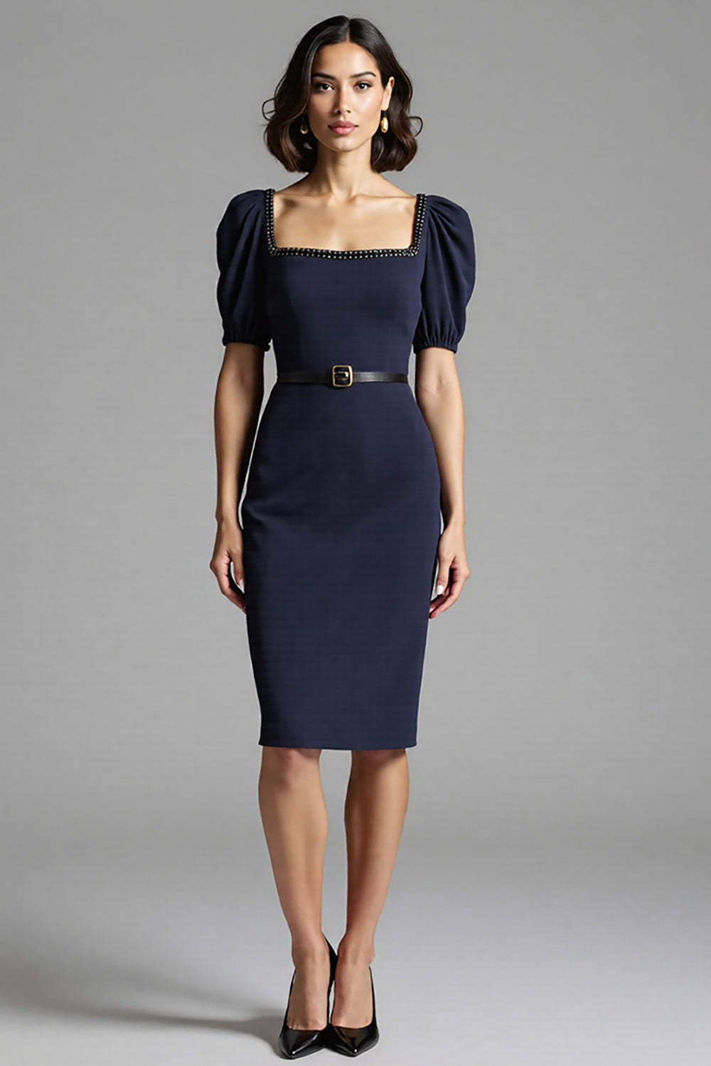 Leely Women Navy Satin Midi Work Dress with Belt Bodycon Square Neck Semi Formal Dress with Sleeves