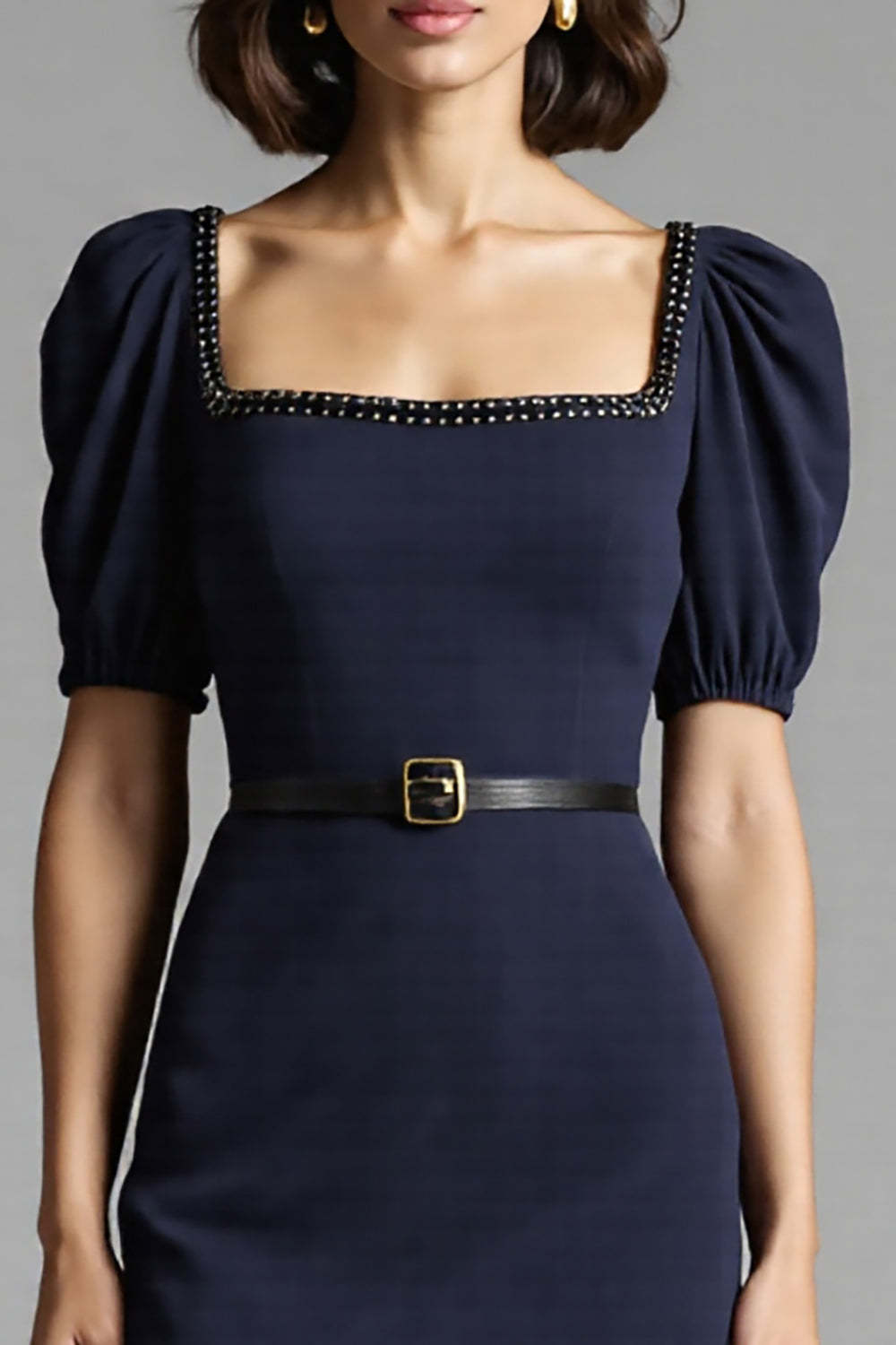Navy Bodycon Satin Square Neck Midi Work Dress with Belt