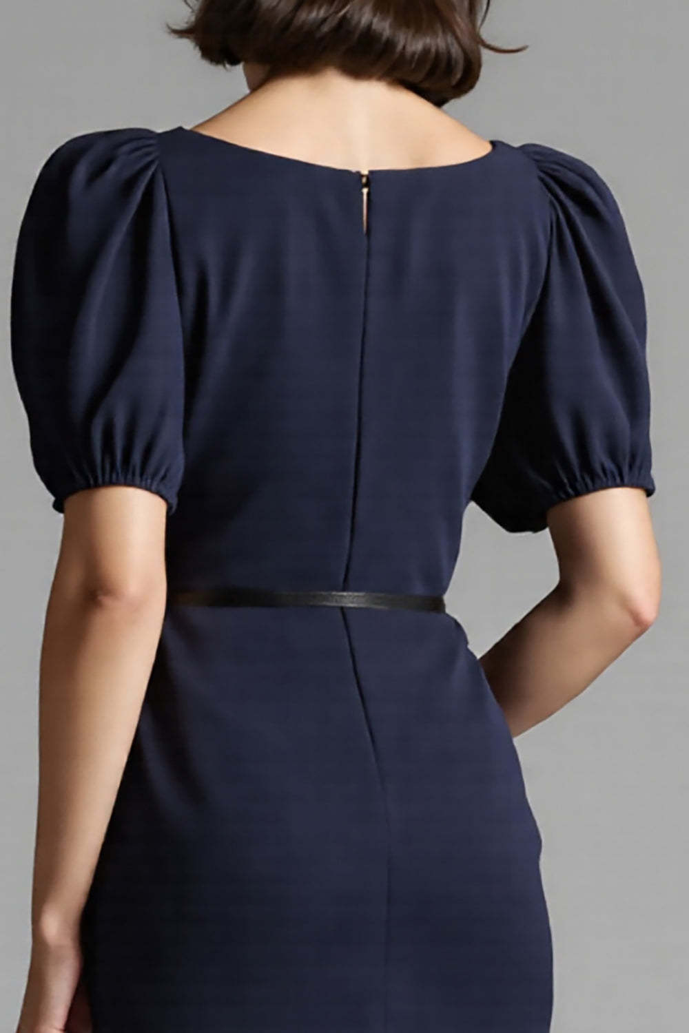 Navy Bodycon Satin Square Neck Midi Work Dress with Belt