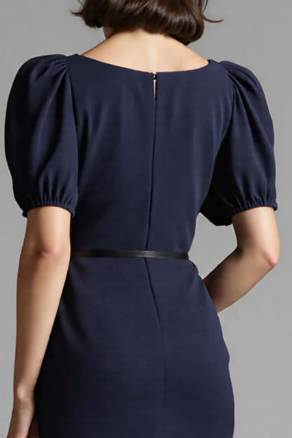 Navy Bodycon Satin Square Neck Midi Work Dress with Belt