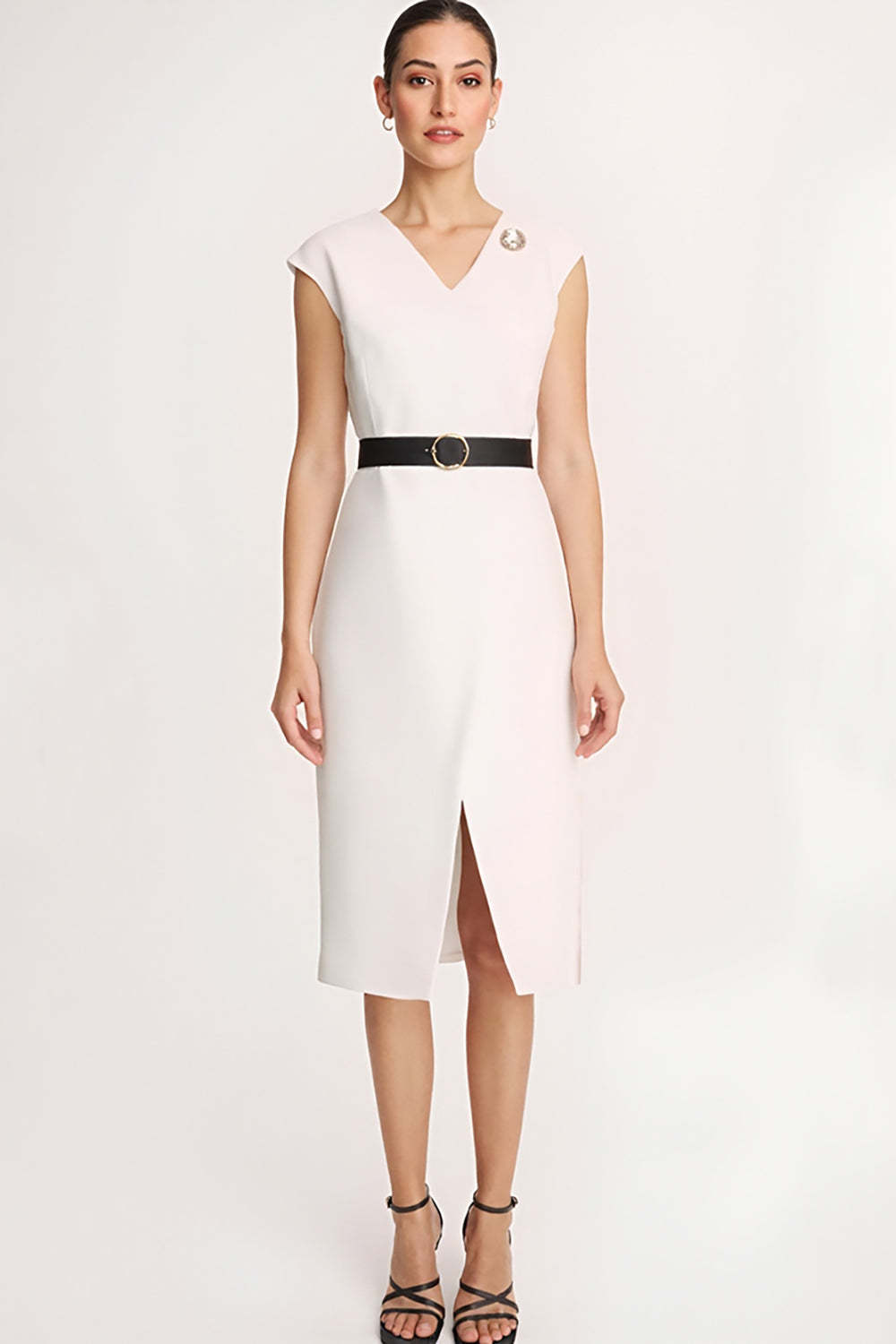 Leely Women Ivory Satin Midi Work Dress with Slit Cap Sleeves Bodycon Semi Formal Dress with Belt