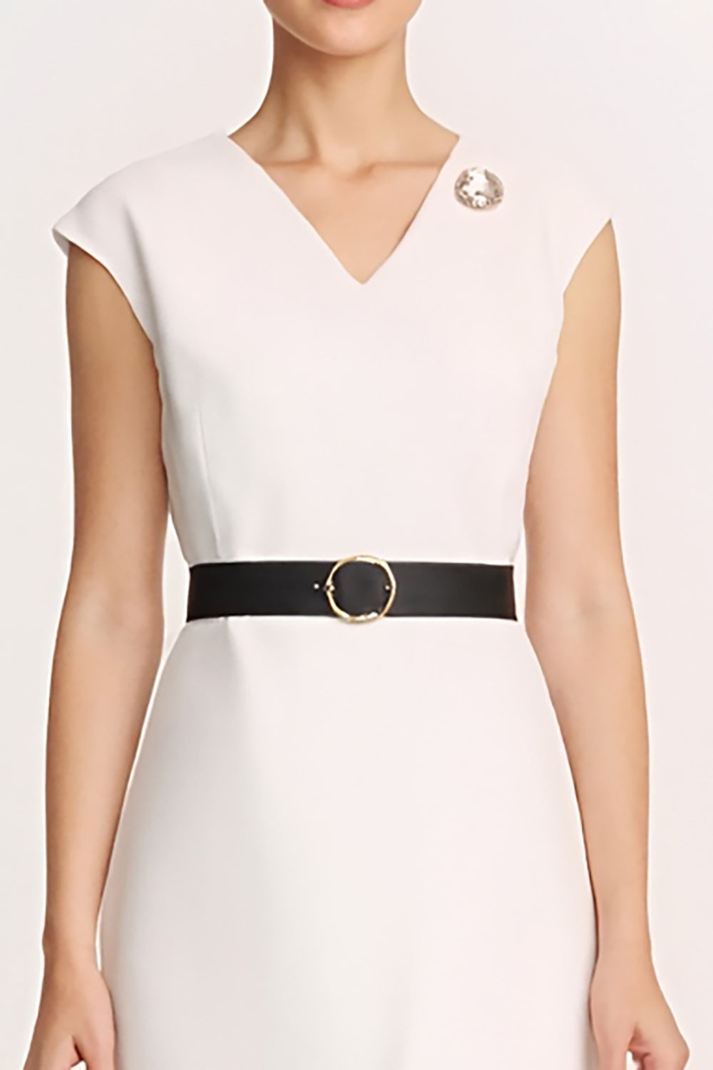 Ivory Bodycon Satin V-Neck Midi Work Dress with Slit