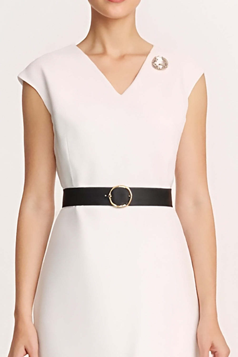 Ivory Bodycon Satin V-Neck Midi Work Dress with Slit
