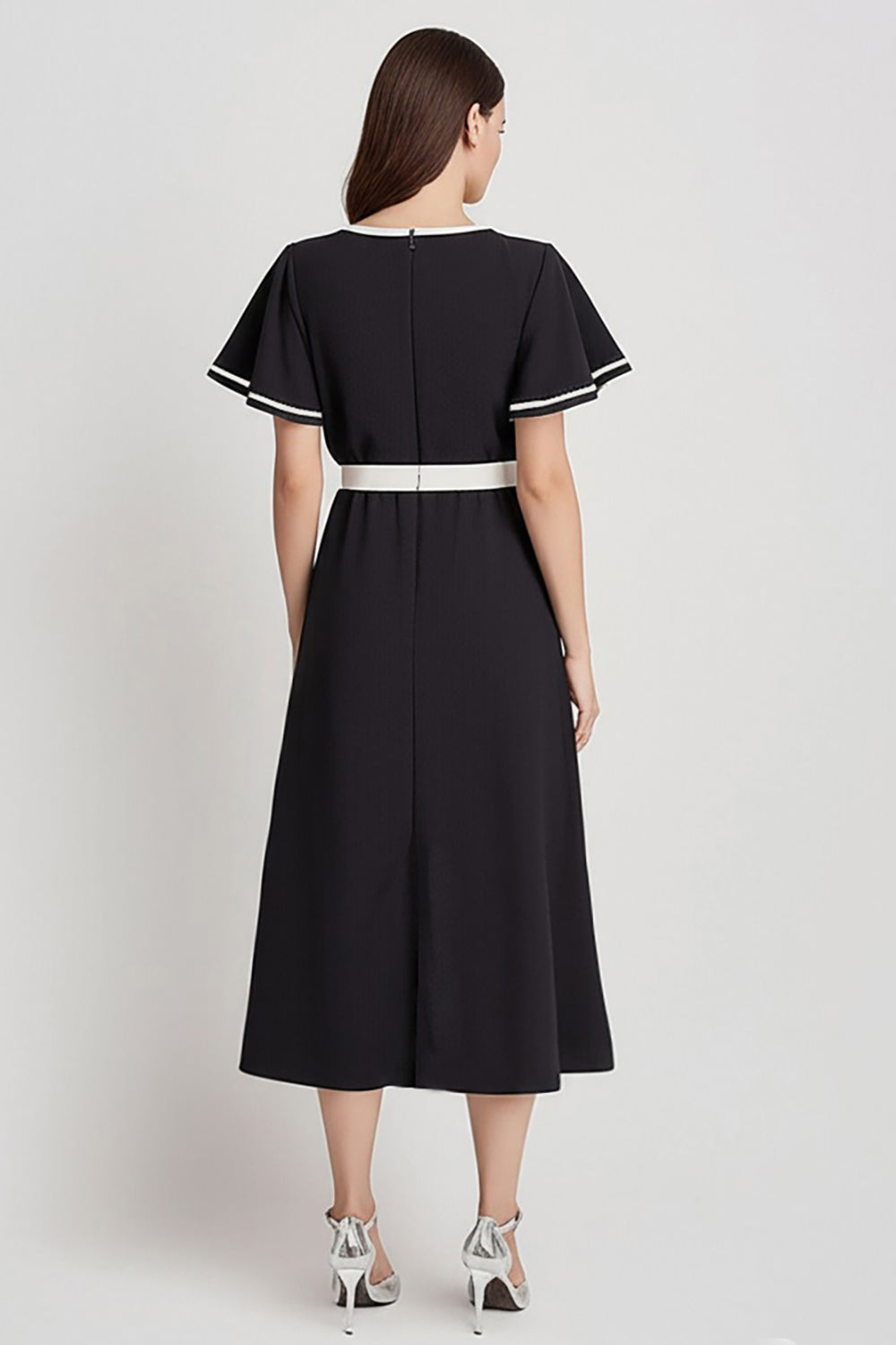 Black and White A Line Satin Midi Work Dress with Sleeves