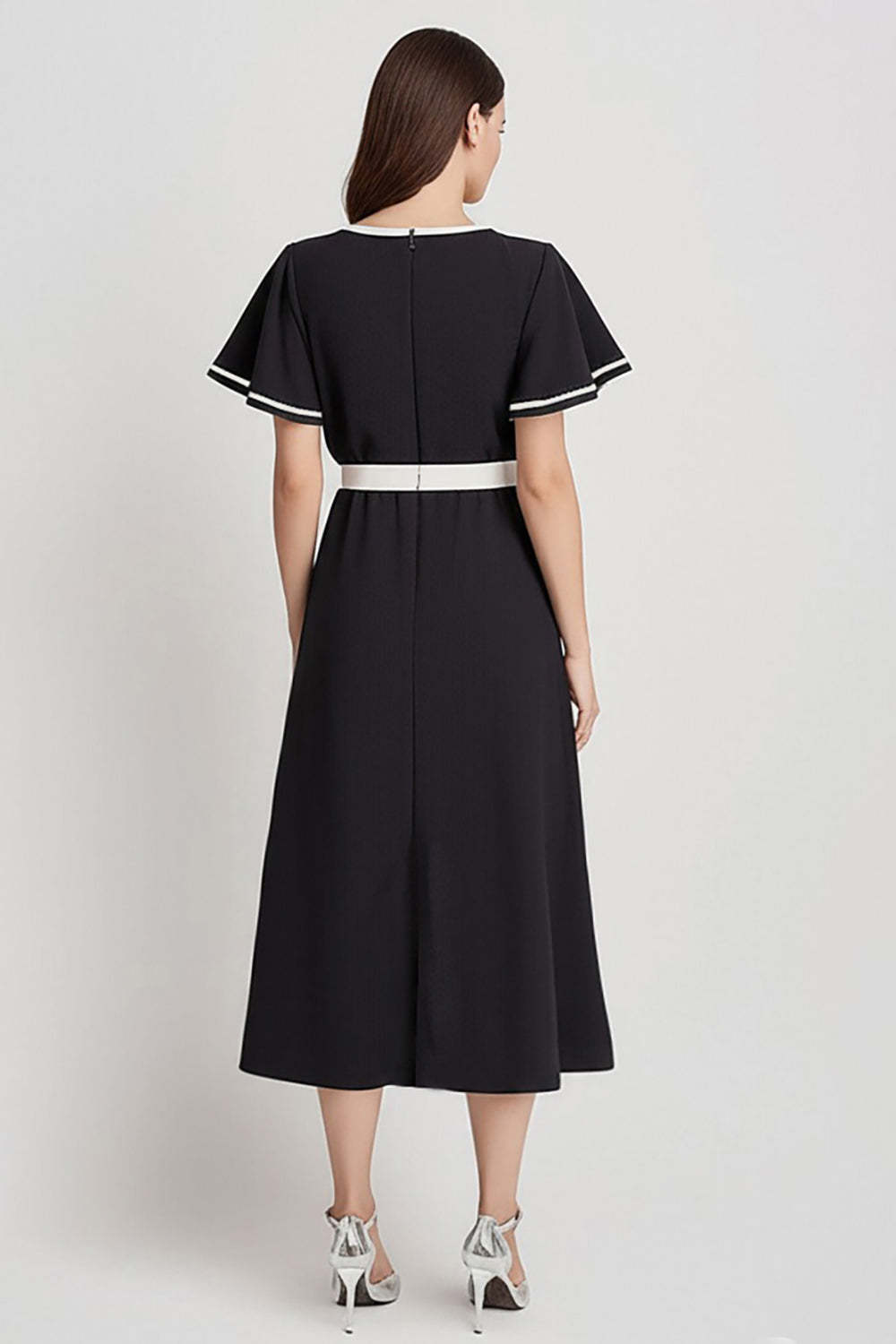 Black and White A Line Satin Midi Work Dress with Sleeves