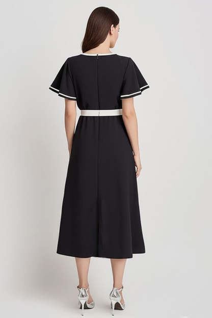 Black and White A Line Satin Midi Work Dress with Sleeves