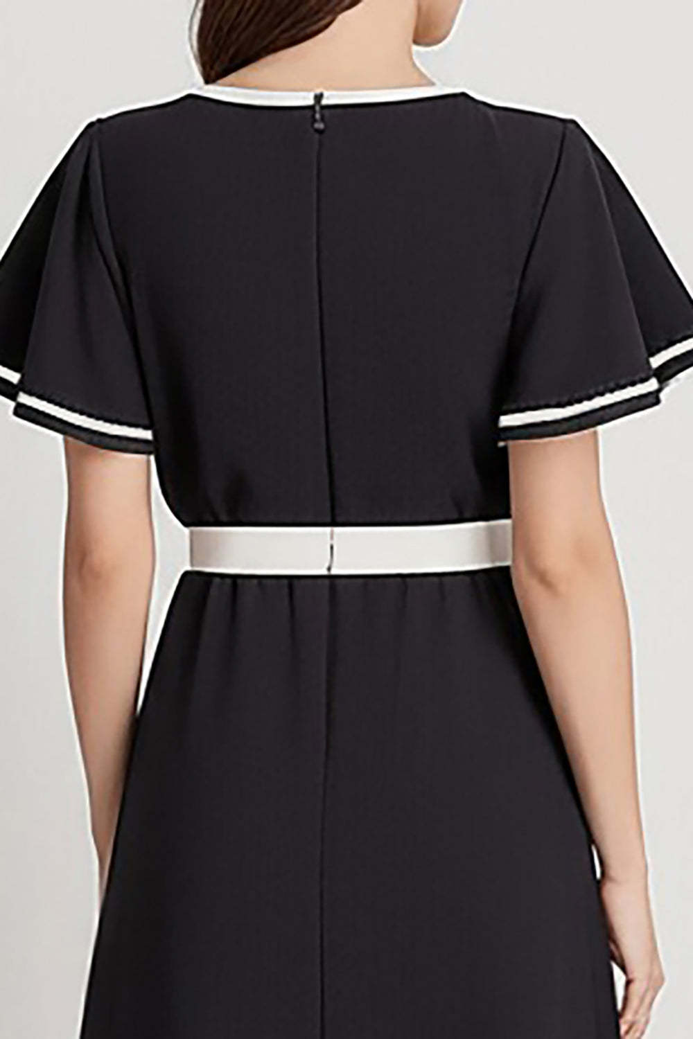 Black and White A Line Satin Midi Work Dress with Sleeves
