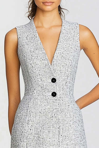 Grey V-Neck Bodycon Mini Work Dress with Buttons