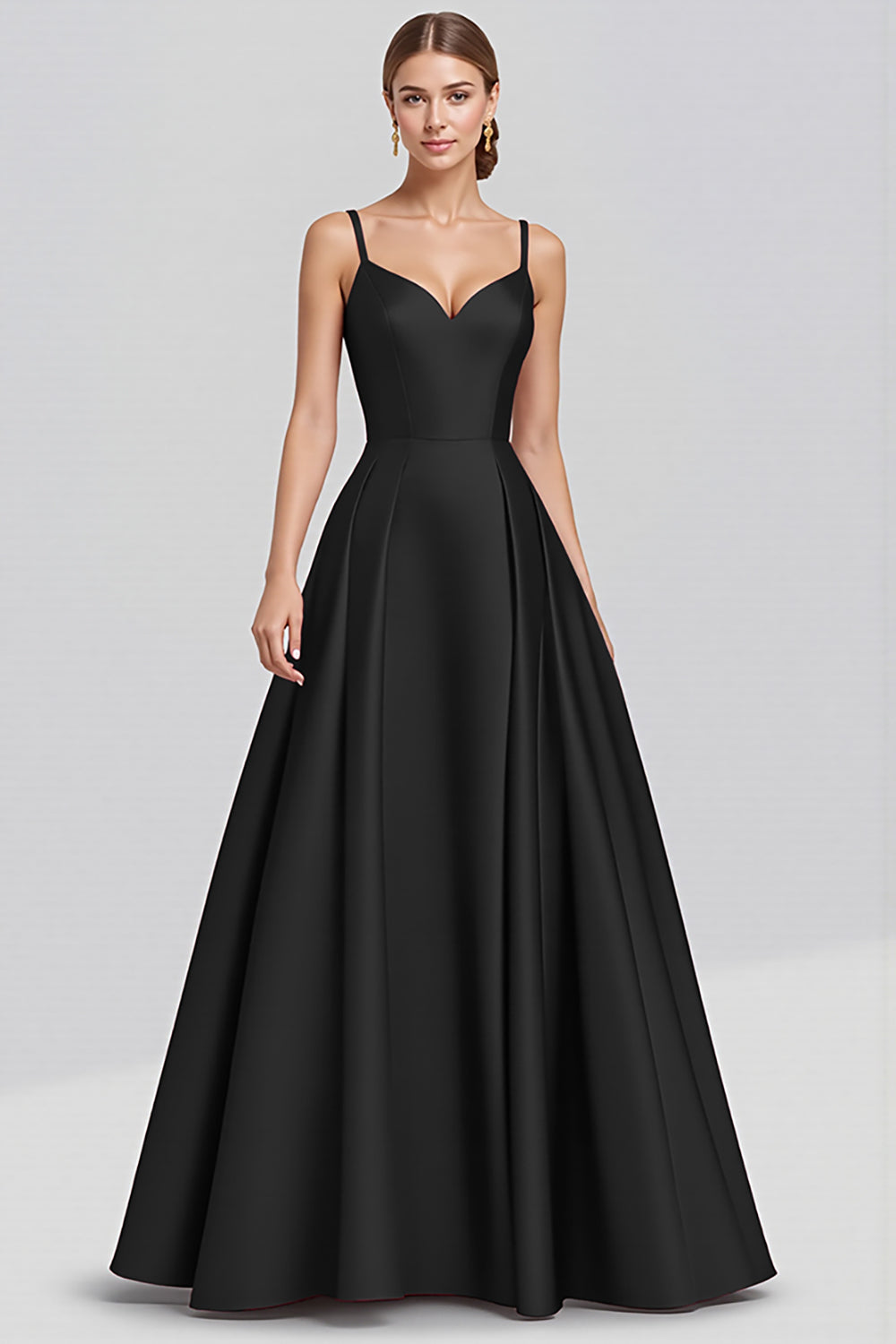 Black A Line Satin Spaghetti Straps Maxi Formal Dress