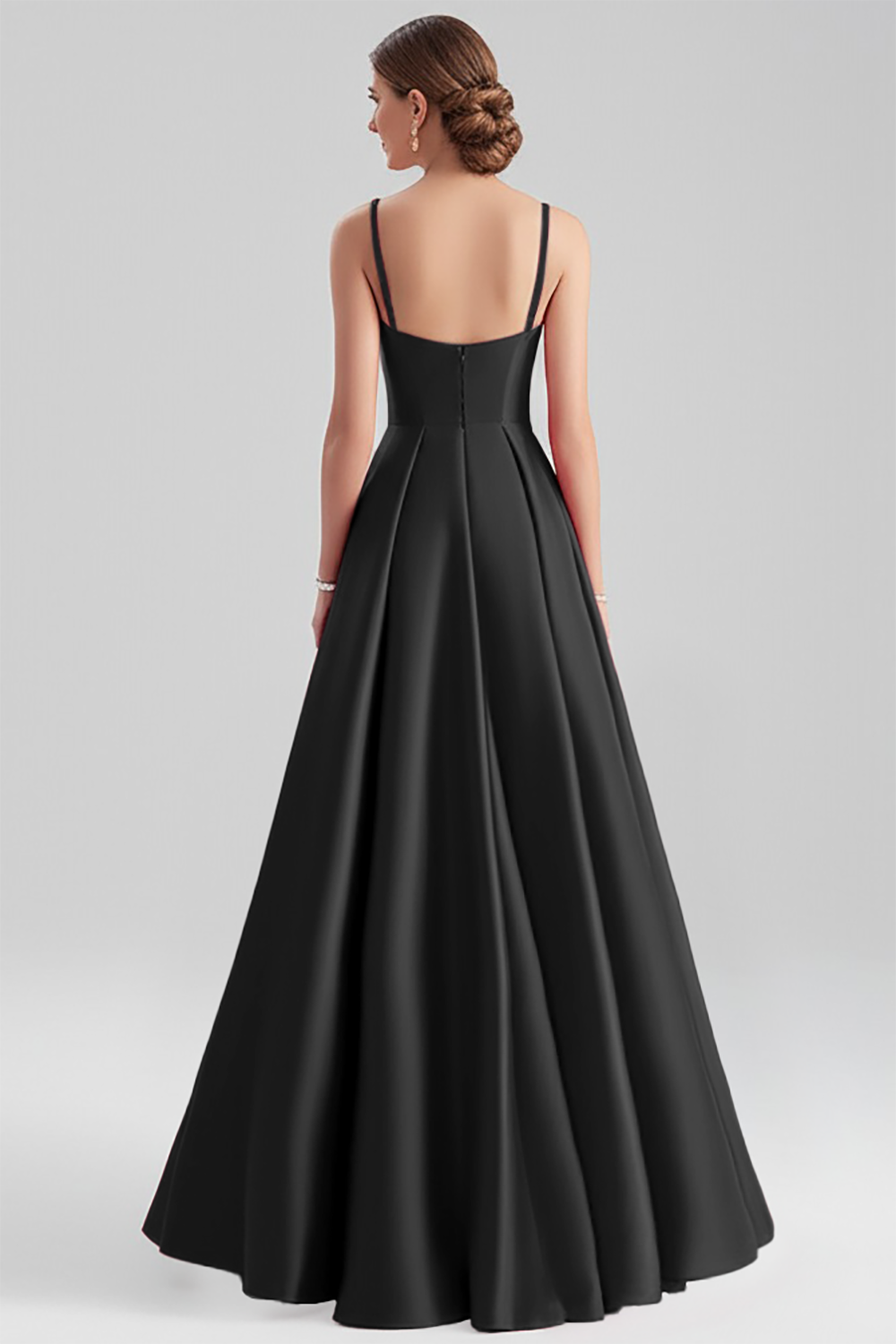Black A Line Satin Spaghetti Straps Maxi Formal Dress