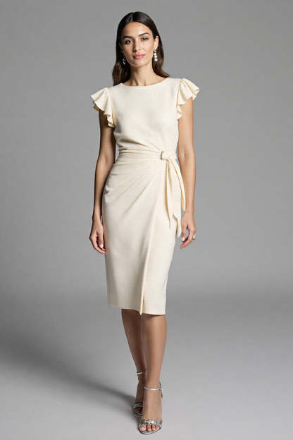 Leely Women Ivory Bodycon Satin Midi Work Dress Ruffled Boat Neck Cap Sleeves Semi Formal Dress