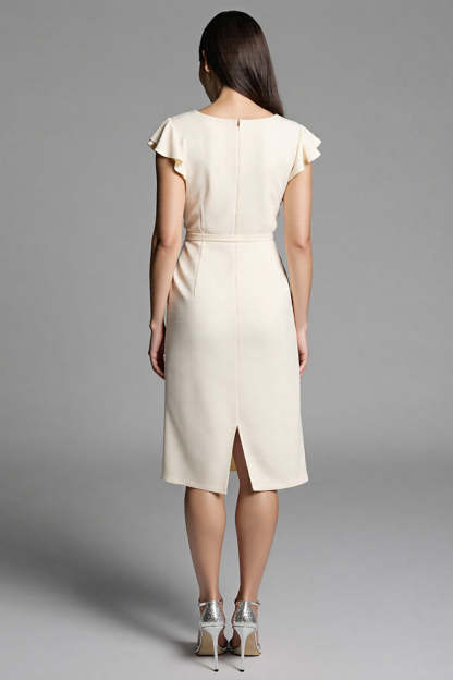 Ivory Bodycon Satin Midi Work Dress with Ruffles