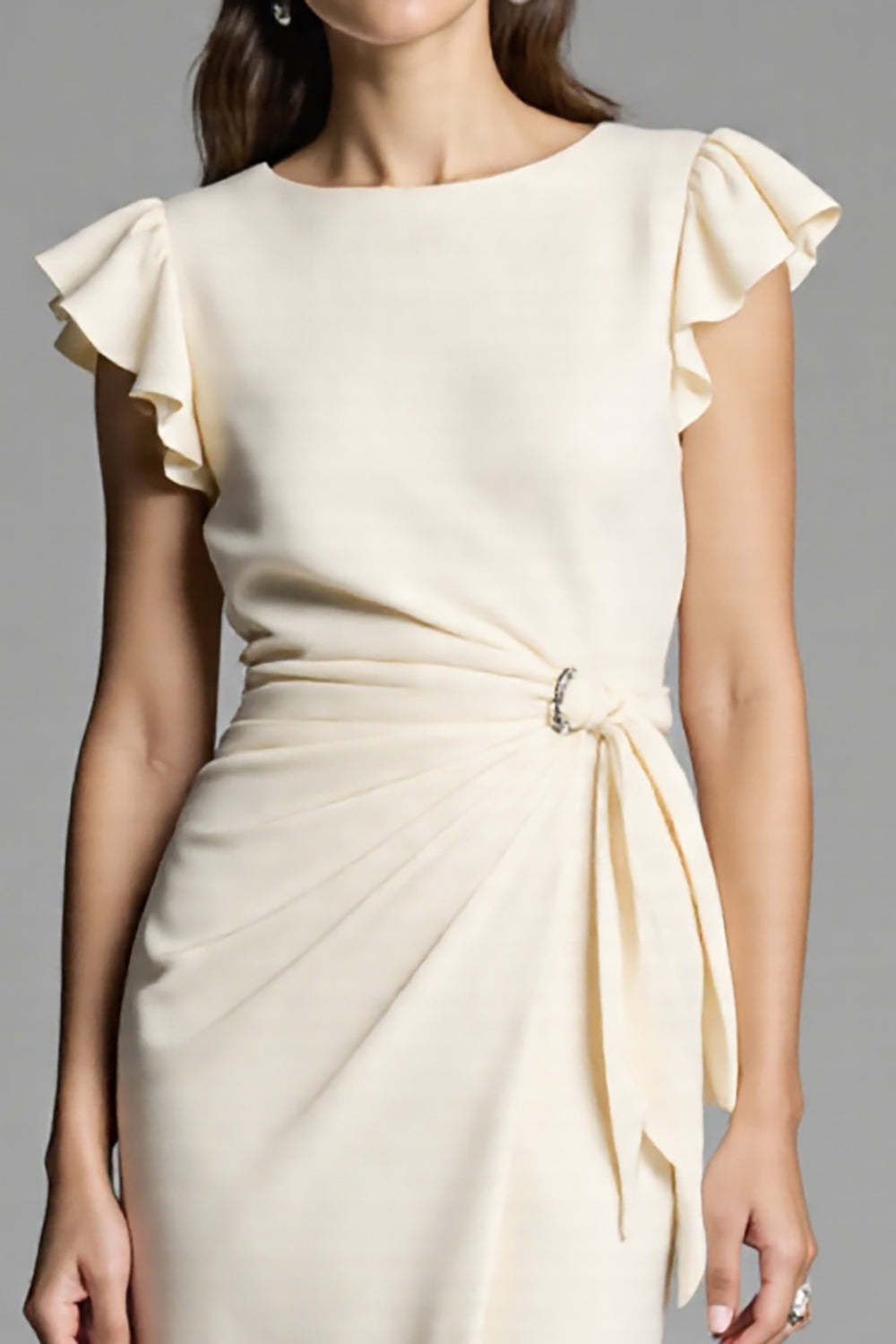 Ivory Bodycon Satin Midi Work Dress with Ruffles