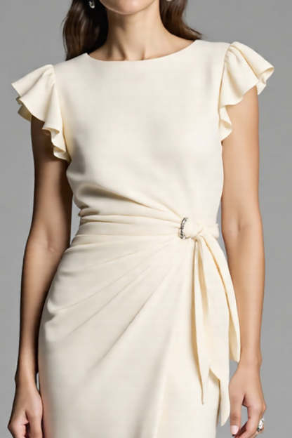 Ivory Bodycon Satin Midi Work Dress with Ruffles