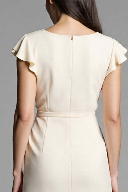 Ivory Bodycon Satin Midi Work Dress with Ruffles