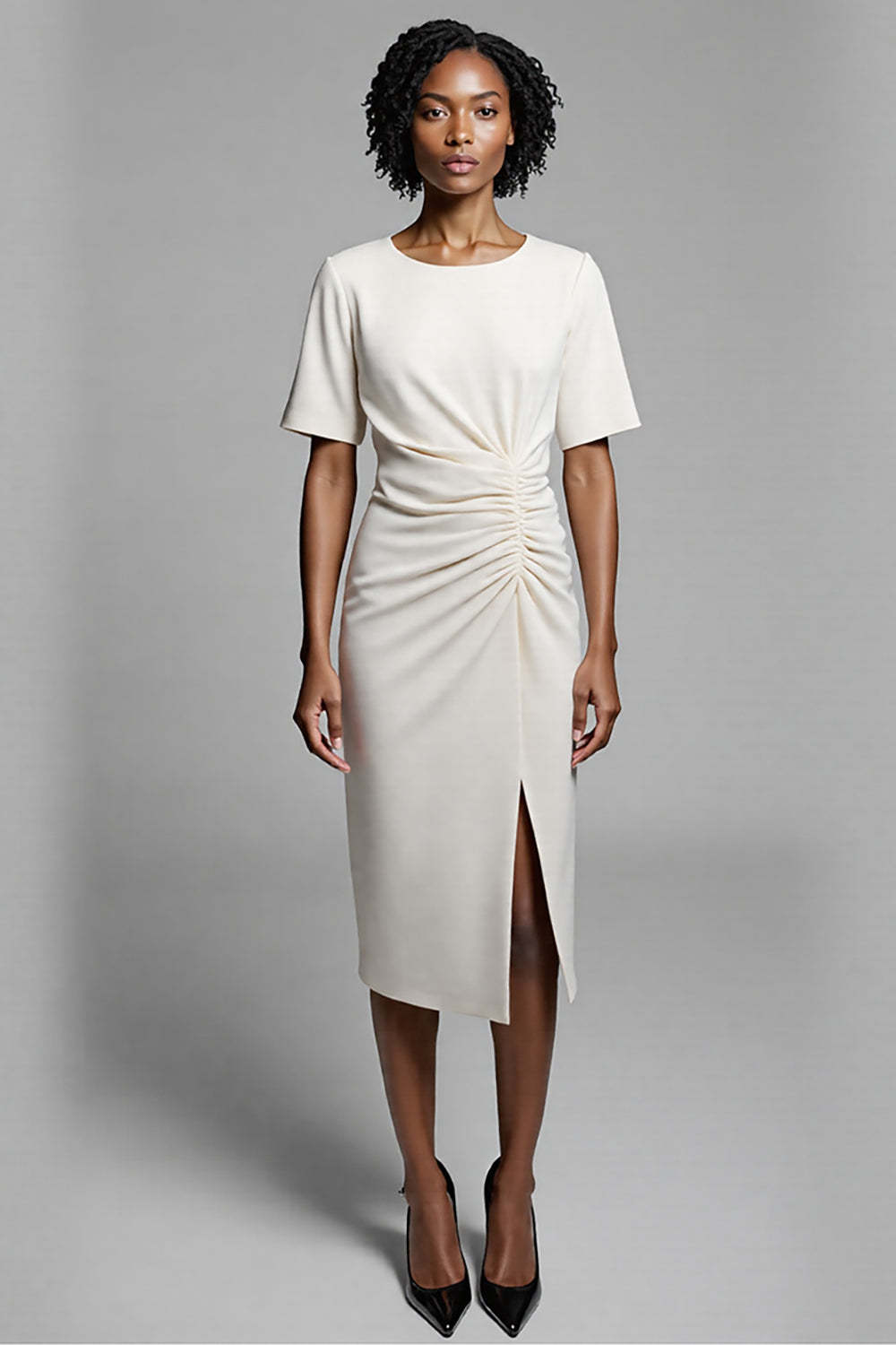 Leely Women Ivory Bodycon Satin Midi Work Dress with Slit Ruched Jewel Neck Semi Formal Dress with Sleeves