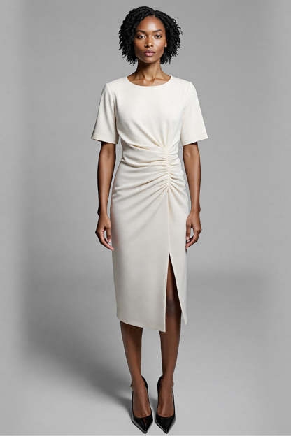 Leely Women Ivory Bodycon Satin Midi Work Dress with Slit Ruched Jewel Neck Semi Formal Dress with Sleeves