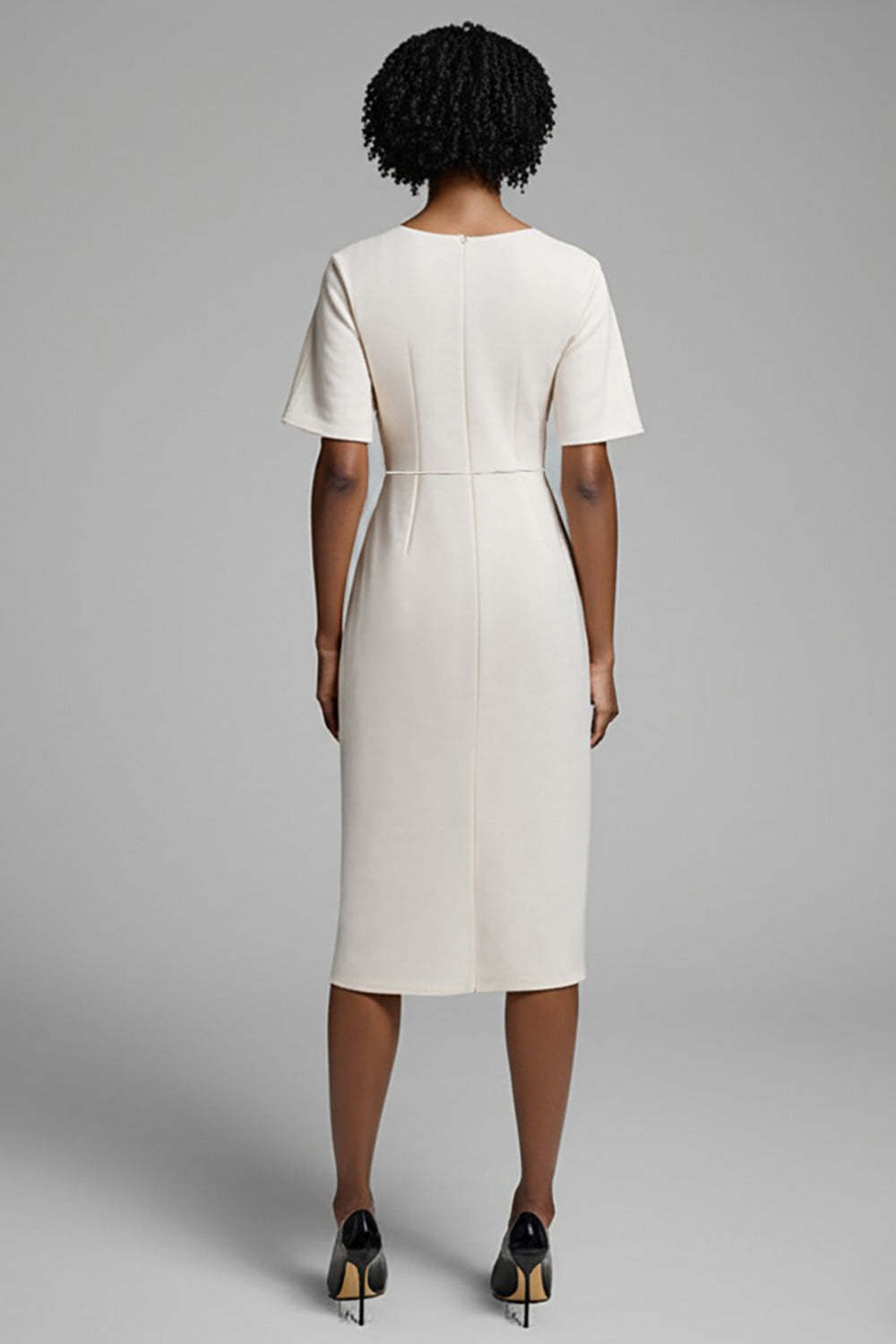 Midi Ivory Bodycon Satin Ruched Work Dress with Slit