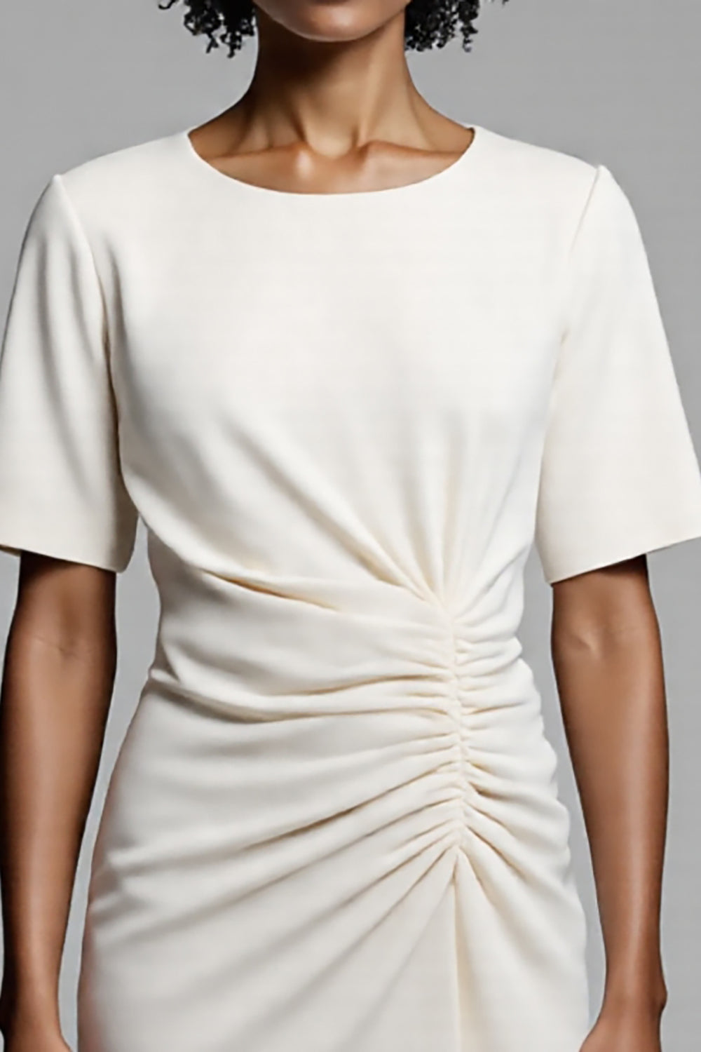 Midi Ivory Bodycon Satin Ruched Work Dress with Slit