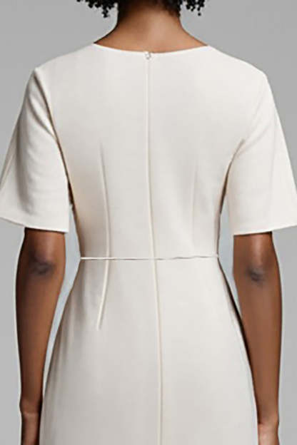 Midi Ivory Bodycon Satin Ruched Work Dress with Slit