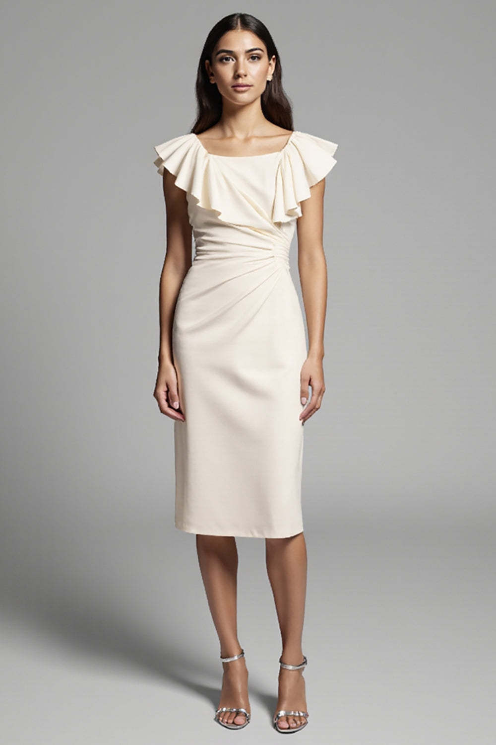 Leely Women Ivory Bodycon Satin Work Dress with Ruffles Cap Sleeves Ruched Square Neck Midi Semi Formal Dress