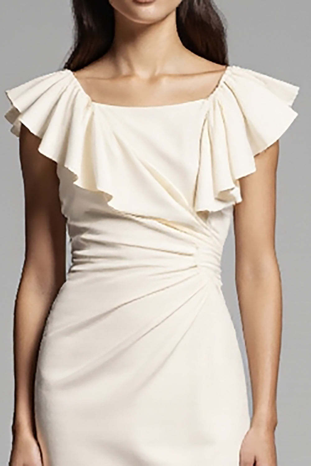 Ivory Bodycon Midi Square Neck Satin Work Dress with Ruffles