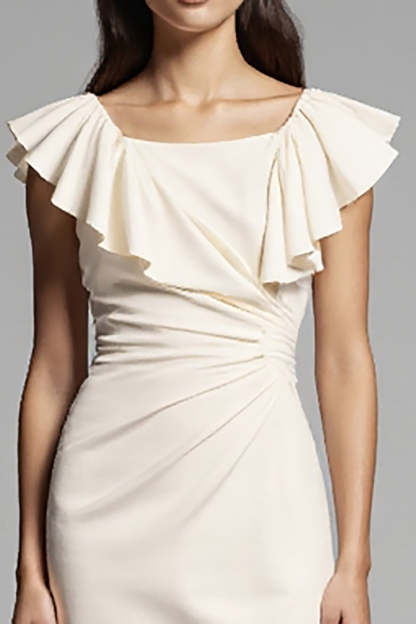 Ivory Bodycon Midi Square Neck Satin Work Dress with Ruffles