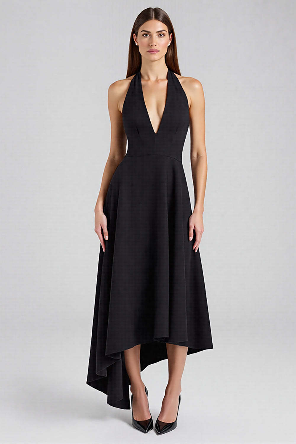Leely Women Satin Asymmetrical Maxi Black Tie Dress Halter Backless A Line Formal Dress