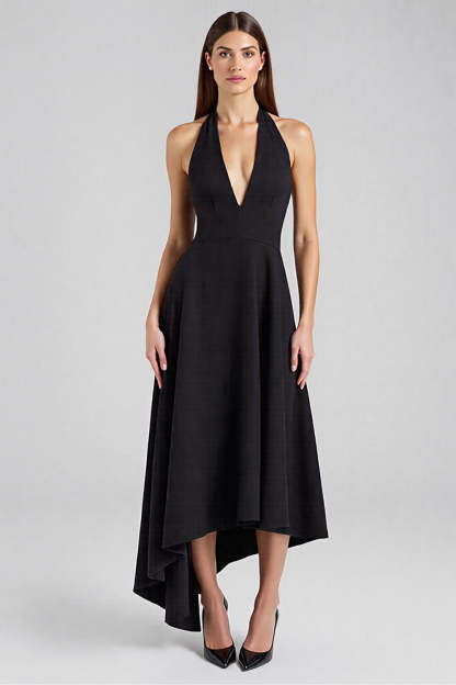 Leely Women Satin Asymmetrical Maxi Black Tie Dress Halter Backless A Line Formal Dress
