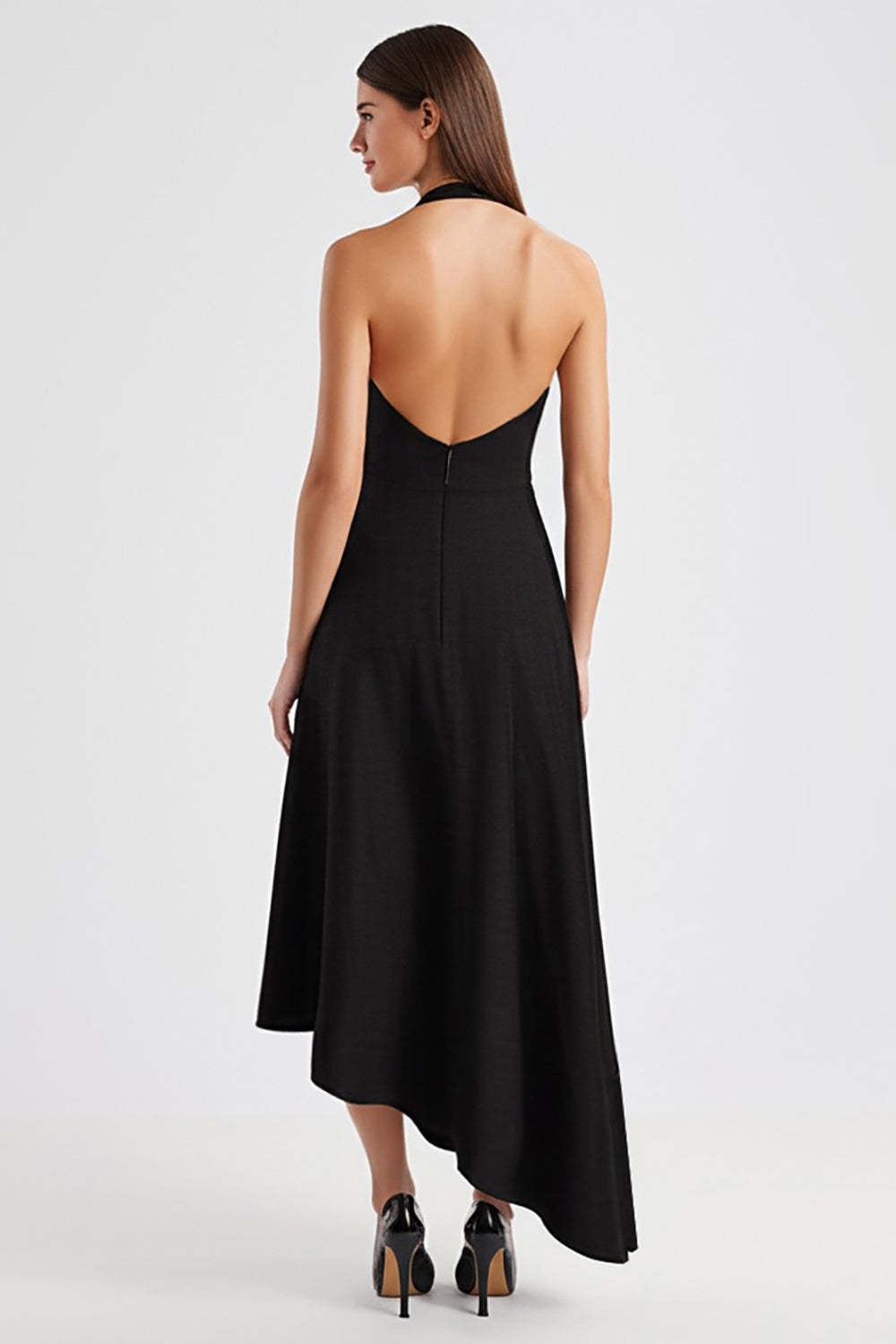 Satin Halter A Line Backless Maxi Black Tie Dress