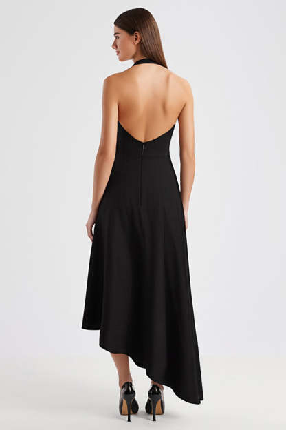 Satin Halter A Line Backless Maxi Black Tie Dress