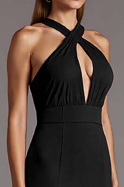 Black Halter Keyhole Satin Bodycon Midi Cocktail Dress