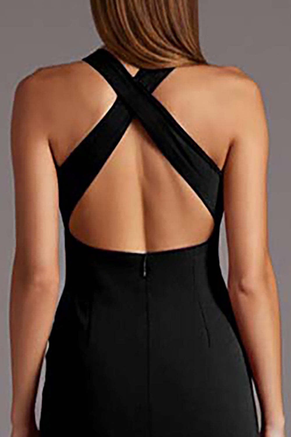 Black Halter Keyhole Satin Bodycon Midi Cocktail Dress