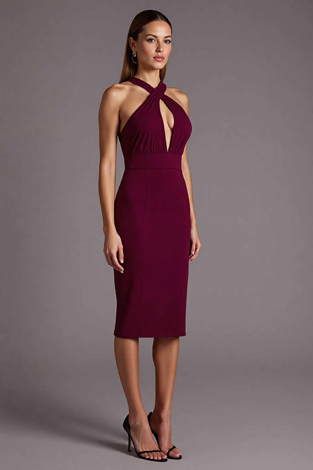 Black Halter Keyhole Satin Bodycon Midi Cocktail Dress