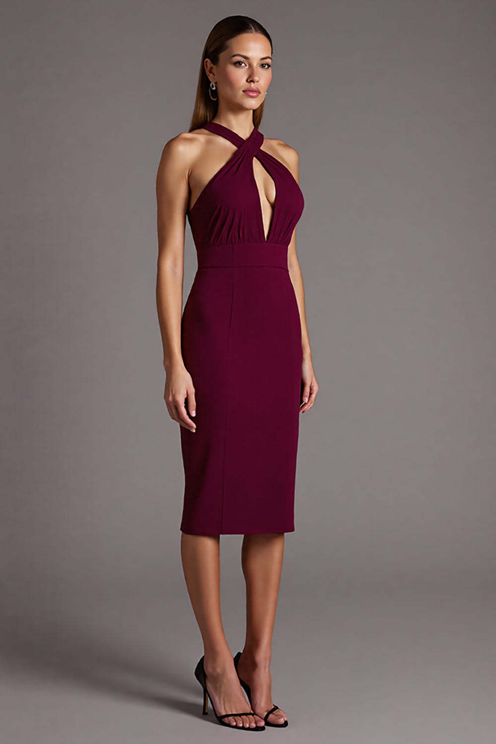 Black Halter Keyhole Satin Bodycon Midi Cocktail Dress