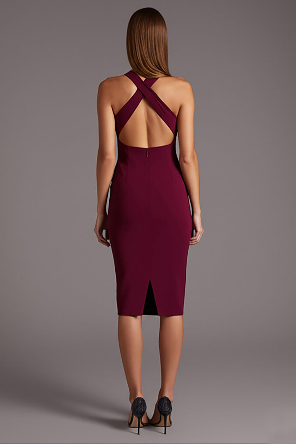 Black Halter Keyhole Satin Bodycon Midi Cocktail Dress