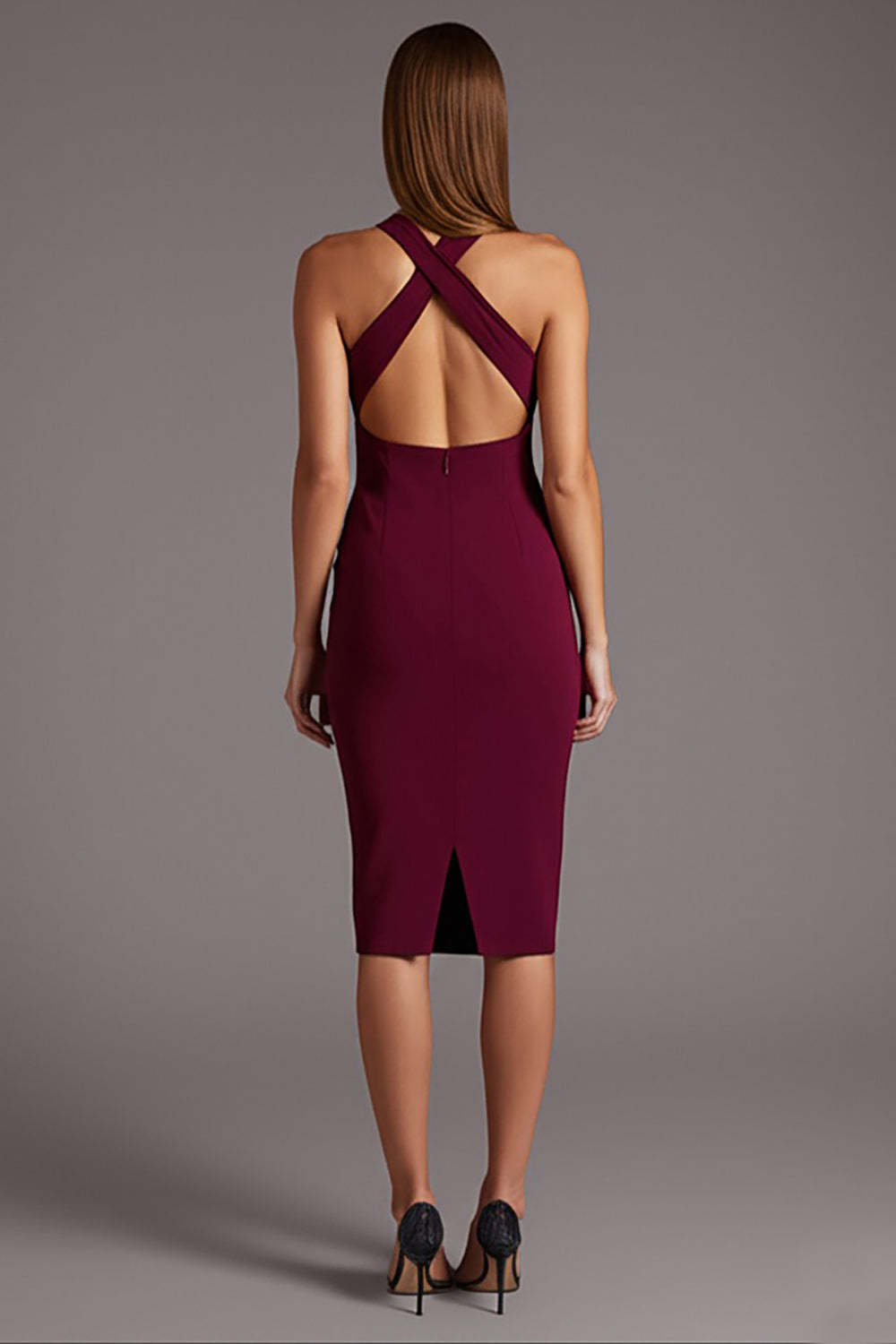 Black Halter Keyhole Satin Bodycon Midi Cocktail Dress
