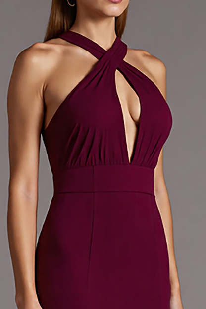 Black Halter Keyhole Satin Bodycon Midi Cocktail Dress