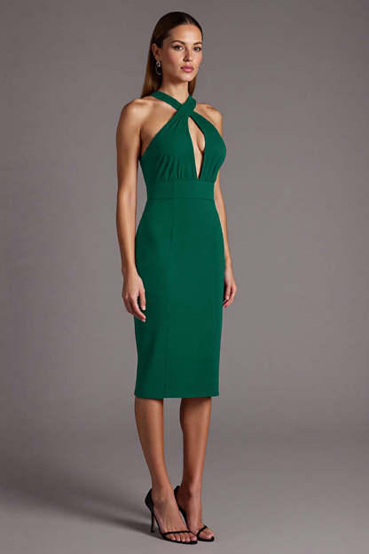 Black Halter Keyhole Satin Bodycon Midi Cocktail Dress