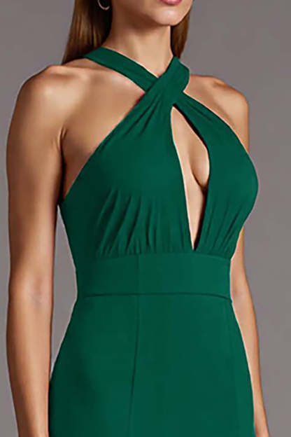 Black Halter Keyhole Satin Bodycon Midi Cocktail Dress