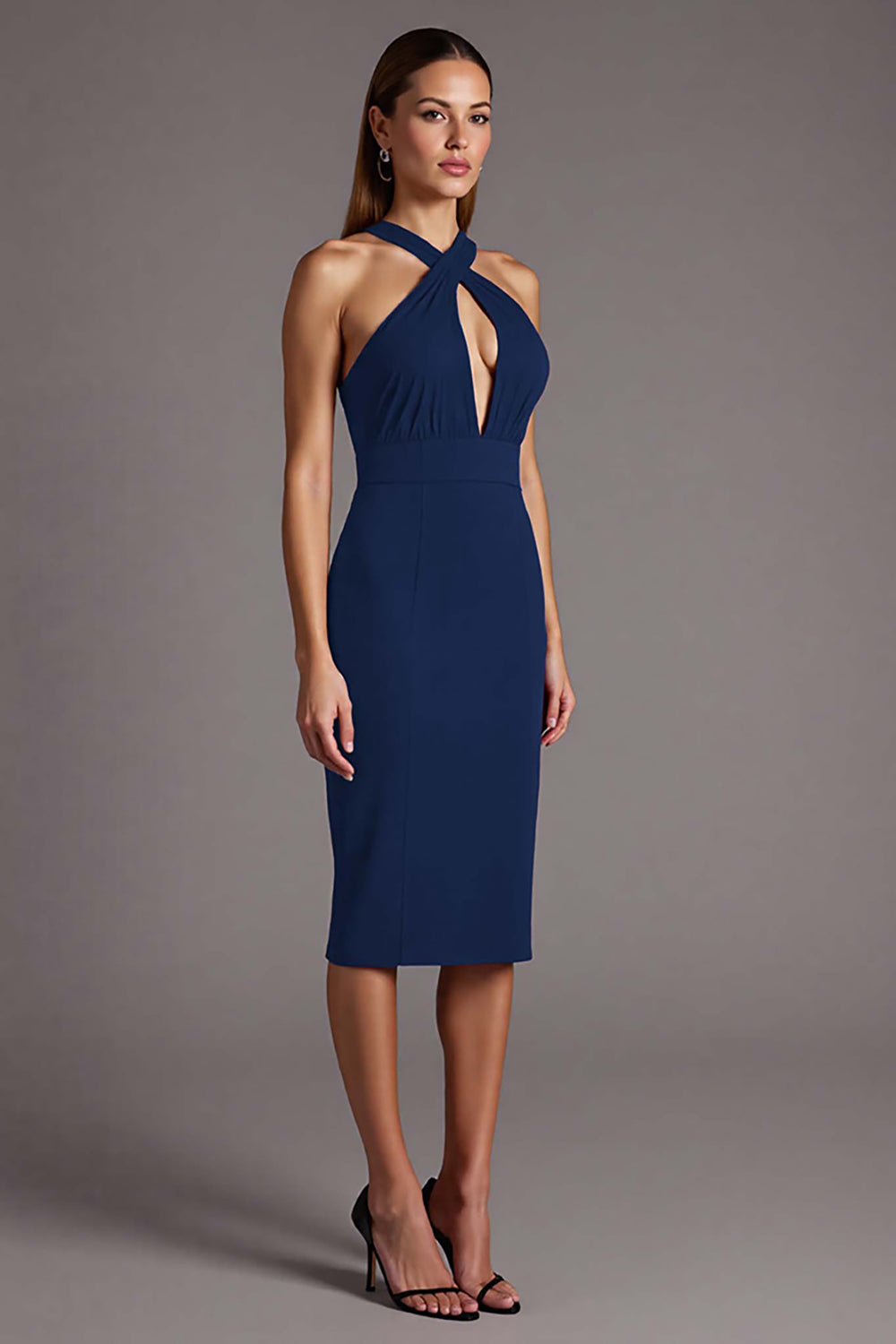 Black Halter Keyhole Satin Bodycon Midi Cocktail Dress
