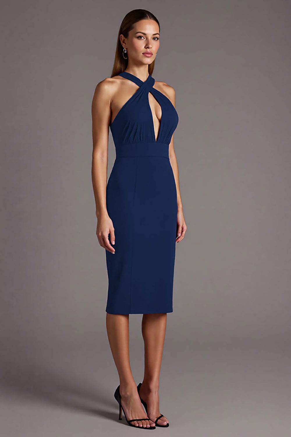 Black Halter Keyhole Satin Bodycon Midi Cocktail Dress