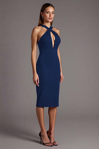 Black Halter Keyhole Satin Bodycon Midi Cocktail Dress
