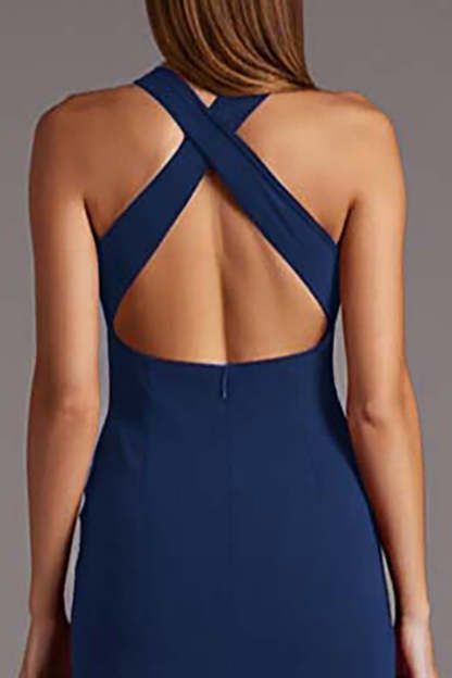 Black Halter Keyhole Satin Bodycon Midi Cocktail Dress