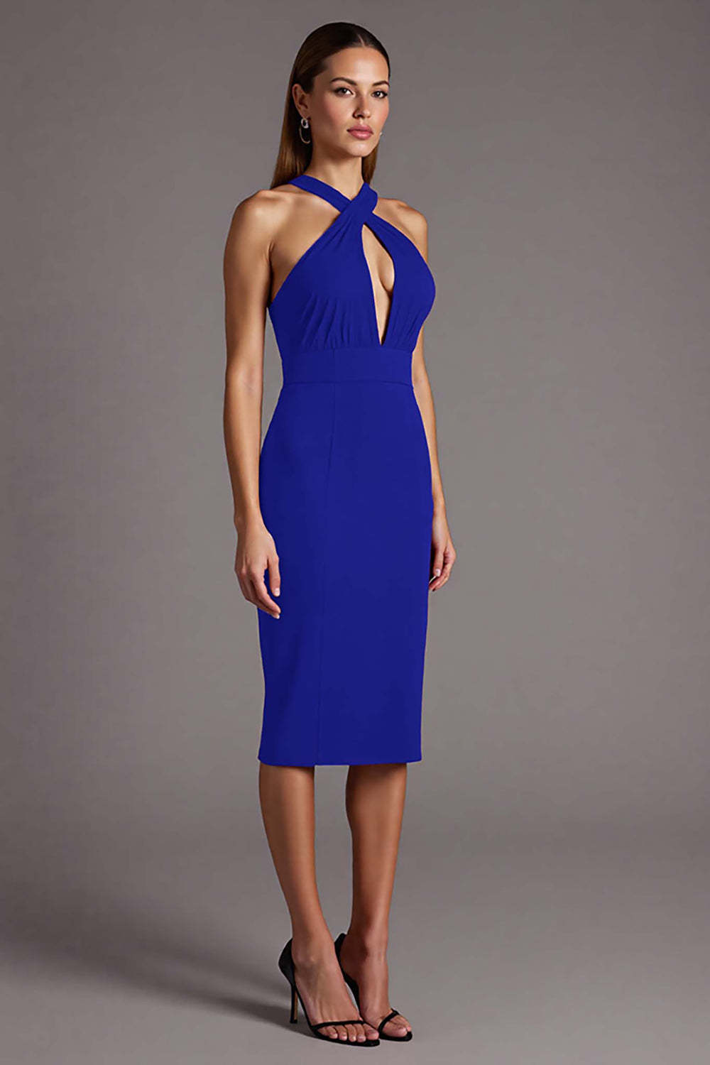 Black Halter Keyhole Satin Bodycon Midi Cocktail Dress