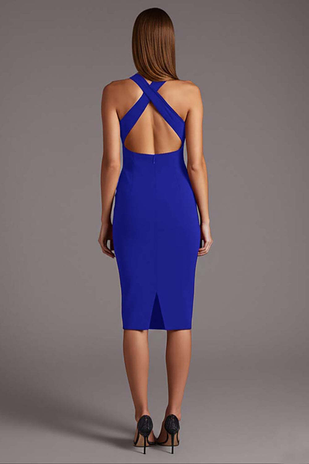 Black Halter Keyhole Satin Bodycon Midi Cocktail Dress