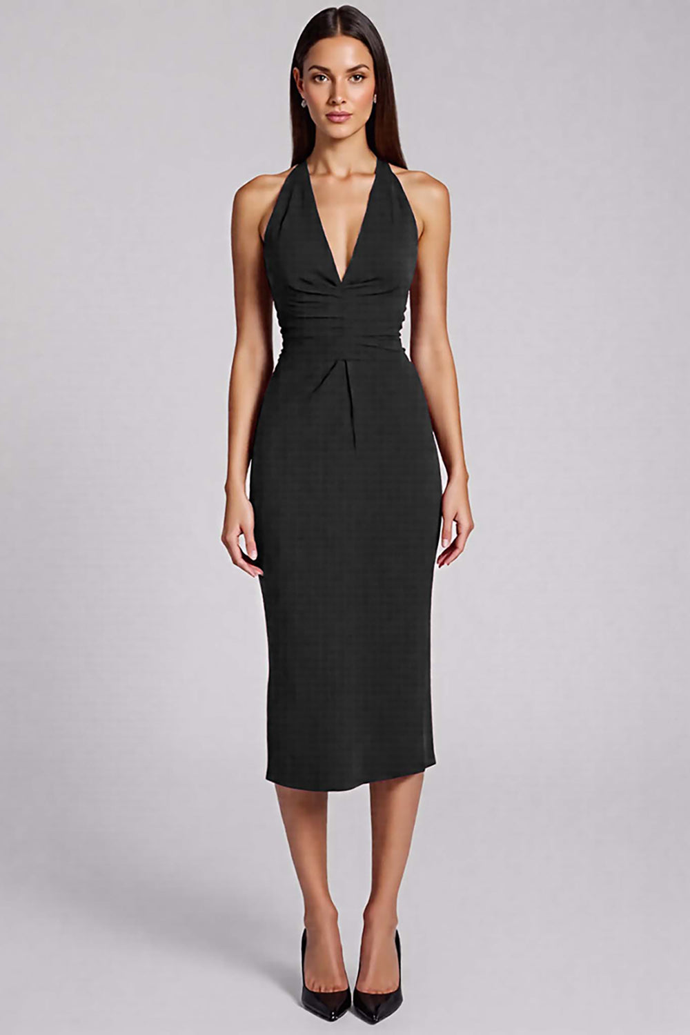 Halter Black Satin Bodycon Backless Midi Cocktail Dress