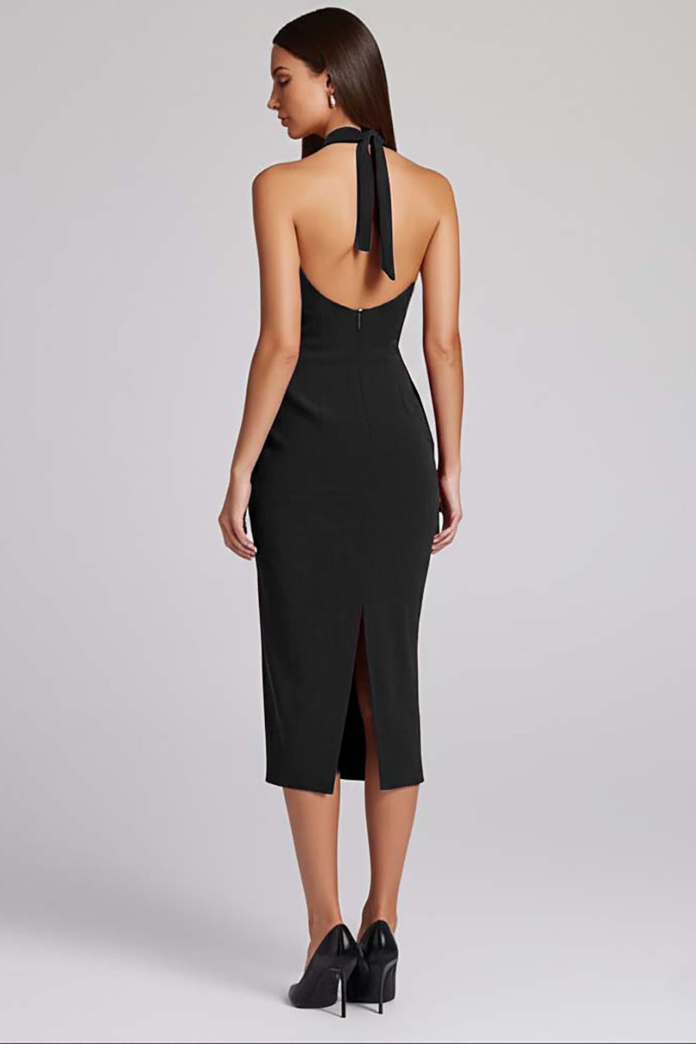 Halter Black Satin Bodycon Backless Midi Cocktail Dress
