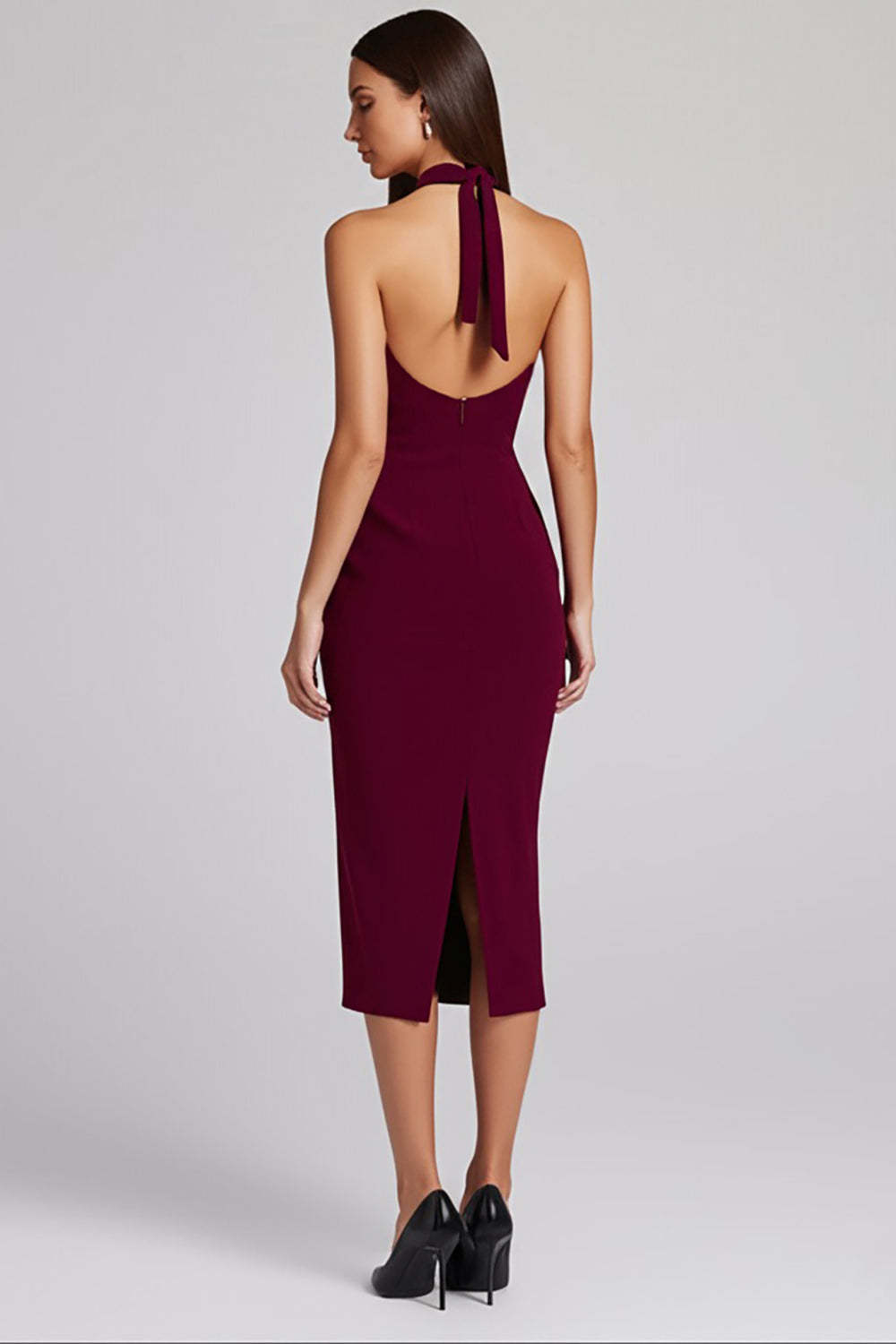 Halter Black Satin Bodycon Backless Midi Cocktail Dress
