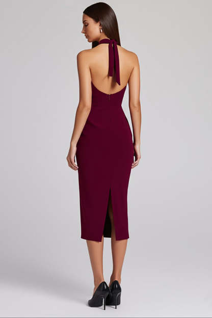 Halter Black Satin Bodycon Backless Midi Cocktail Dress